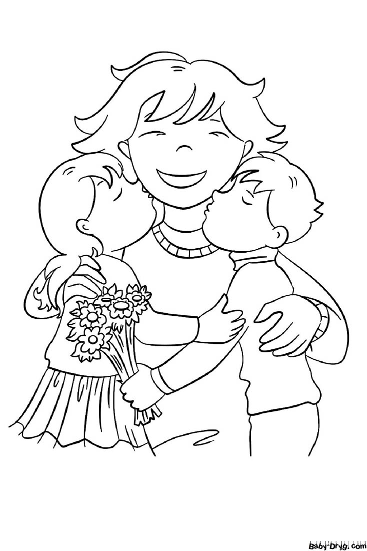 Mommy gets kissed by the kids Coloring Page | Coloring Mother's Day