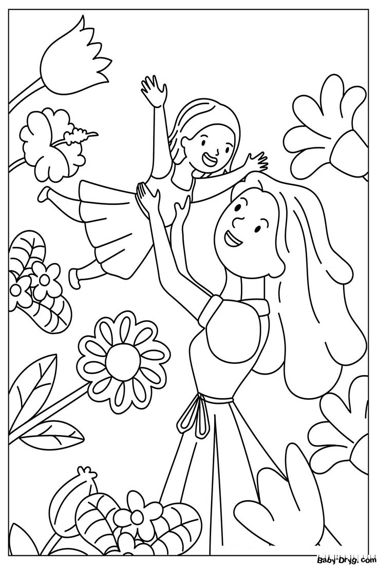 Mother Holds Her Daughter With Flowers Around Her Coloring Page | Coloring Mother's Day