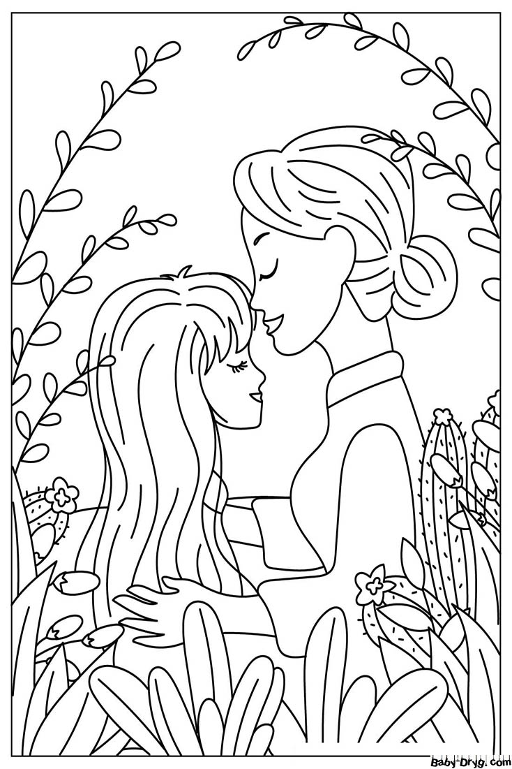Mother Kisses Her Daughter's Forehead Coloring Page | Coloring Mother's Day