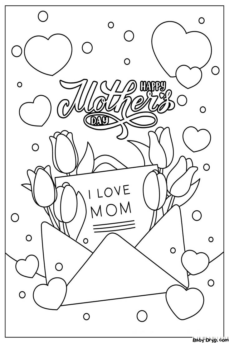 Mother's Day Greeting Card With Flowers And Hearts Coloring Page | Coloring Mother's Day