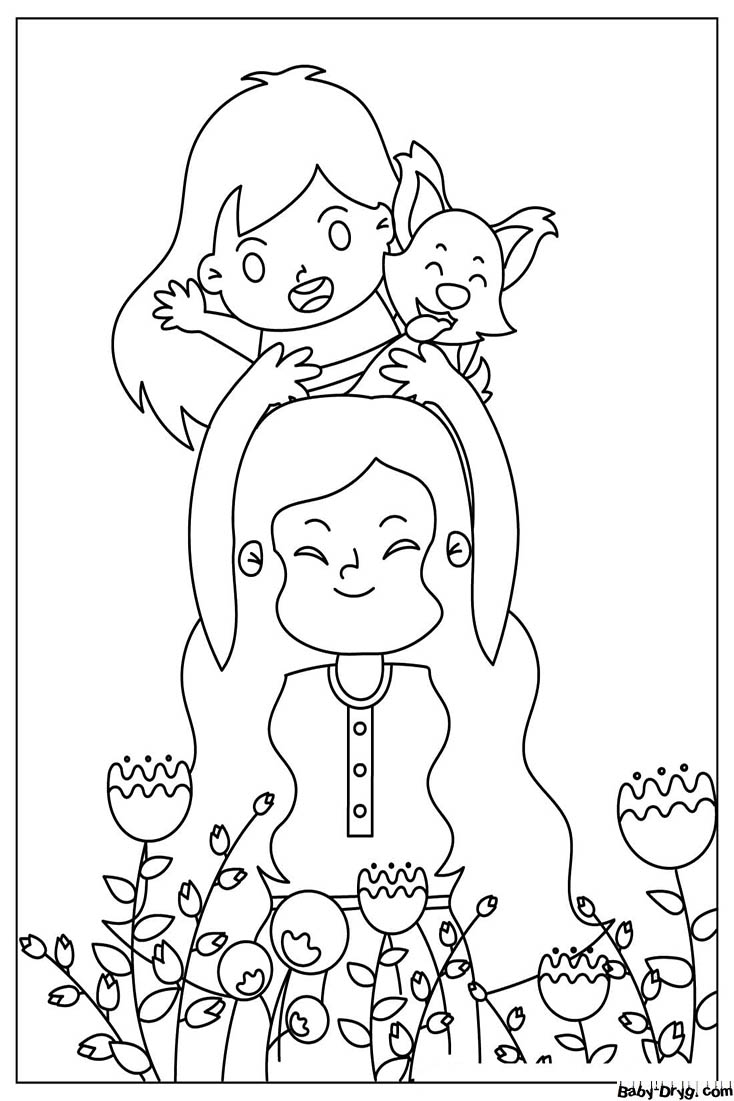 Mother With Her Daughter And Her Cute Little Dog Coloring Page | Coloring Mother's Day