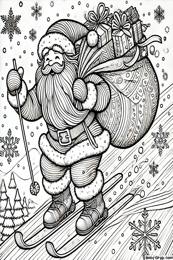 Santa Claus with a bag of presents on skis Coloring Page | Coloring Year Snake 2025