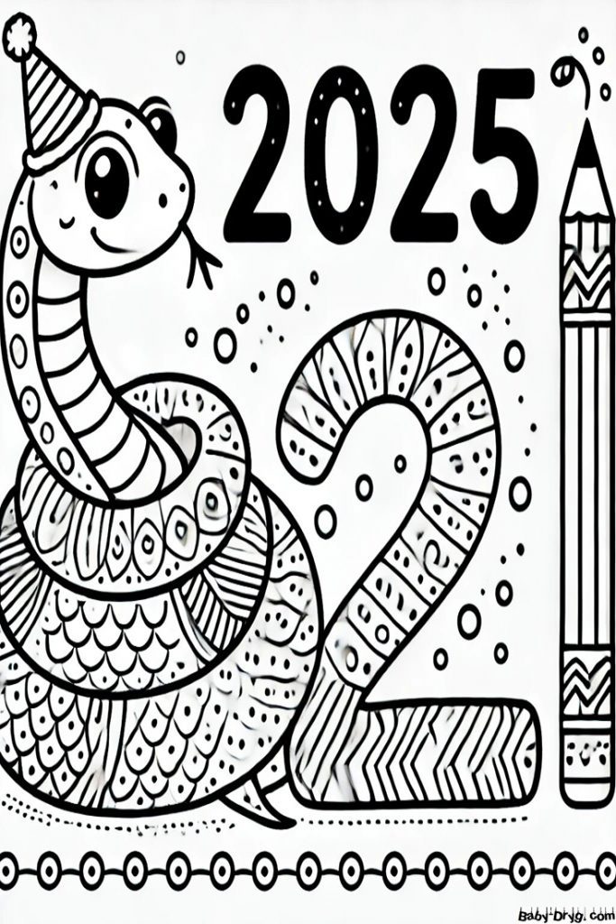Snake sleeps New Year's Eve 2025 Coloring Page | Coloring Year Snake 2025