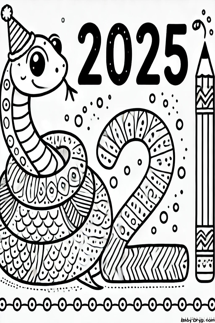 Snake sleeps New Year's Eve 2025 Coloring Page | Coloring Year Snake 2025