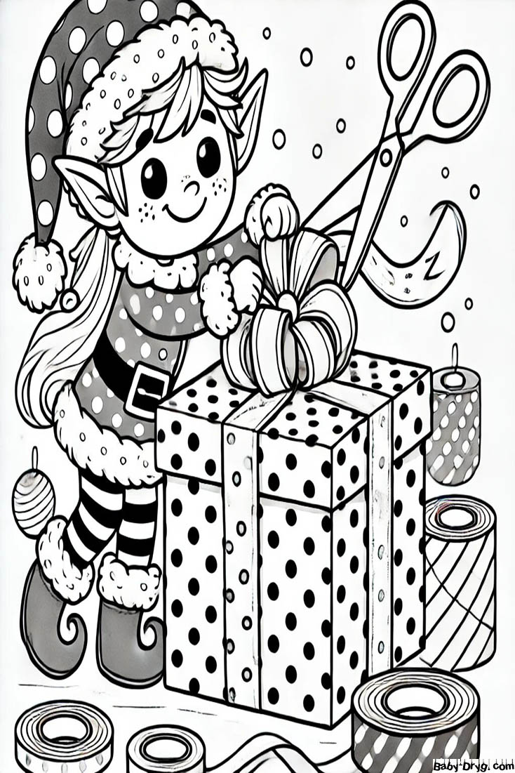 The elf is wrapping a gift Coloring Page | Coloring Year Snake 2025