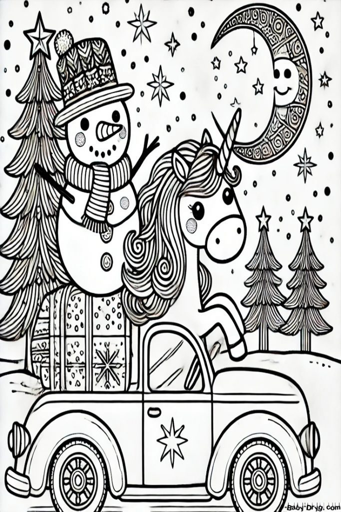 Unicorn Christmas Tree 2025 Coloring Page | Coloring Year Snake 2025